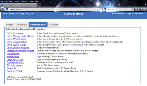 Screenshot of the Administration tab in the Analyzer online, including links to each Administration query.